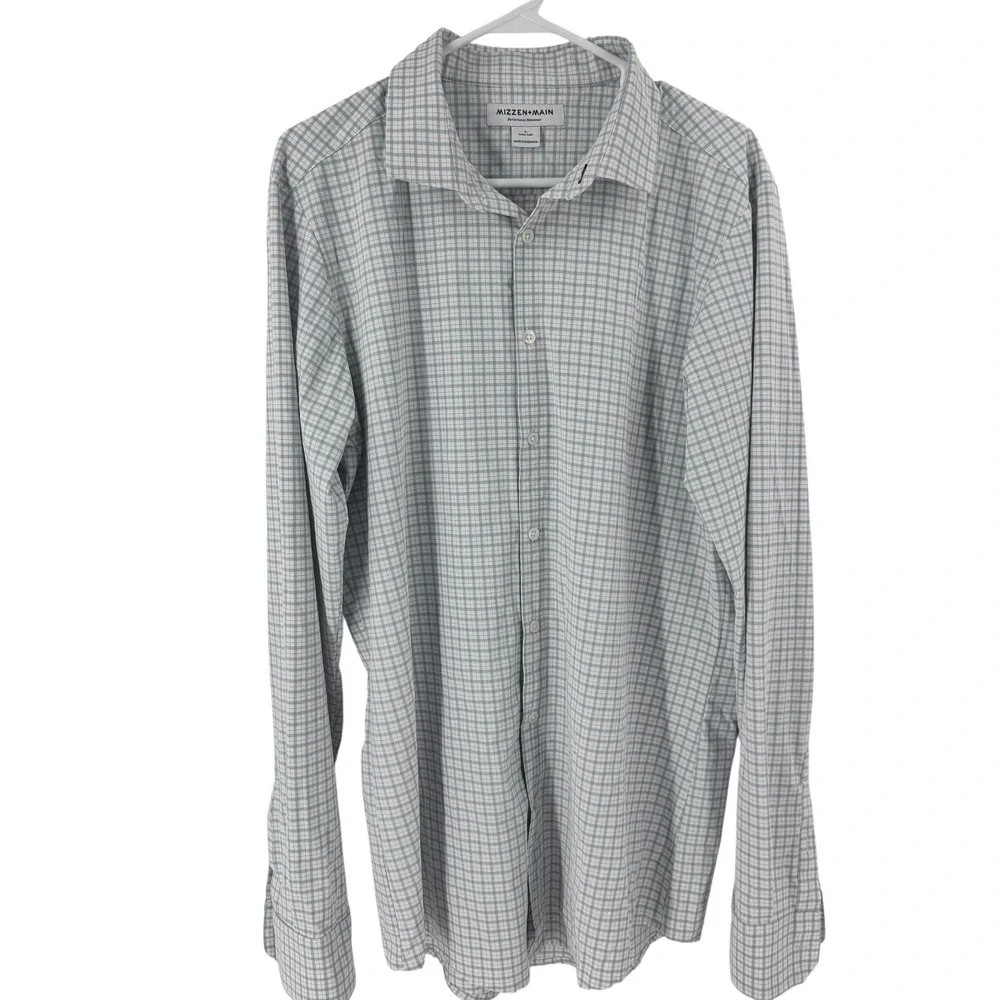 Mizzen+Main Mens‎ Trim Tall Performance Dress Shirt Blue White Check Size L